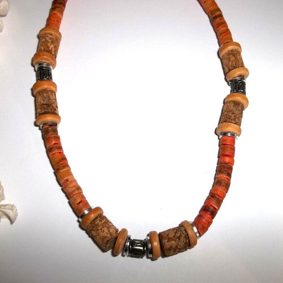 Vintage Necklace Orange Brown Silver Choker Unisex Beaded Fashion Jewelry D221 - Picture 6 of 6